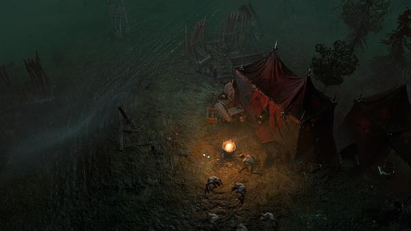 One of Diablo 4's dimly lit campsites attacked in the night by ghouls