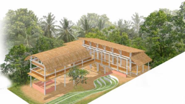 A three-dimensio<em></em>nal rendered image of Pawmum Tharkla. The main building is 25 feet tall and includes a massive thatched roof that is 52 feet long and 25 feet wide.
