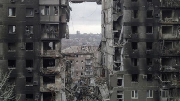 FILE PHOTO: A view shows a residential building destroyed in the course of Ukraine-Russia co<em></em>nflict in the southern port city of Mariupol, Ukraine April 14, 2022. Picture taken with a drone. REUTERS/Pavel Klimov

