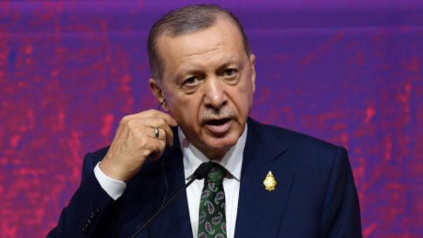 FILE PHOTO: President of Turkey Recep Tayyip Erdogan delivers his messages to the journalists in G20 Summit&#039;s news co<em></em>nference in Media Center, BICC, Nusa Dua, Badung Regency, Bali, Indonesia, November 16, 2022. ADITYA PRADANA PUTRA/G20 Media Center/Handout via REUTERS