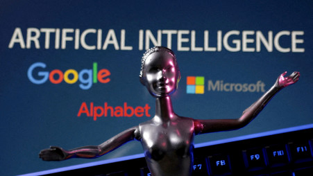 FILE PHOTO: Google, Microsoft and Alphabet logos and AI Artificial Intelligence words are seen in this illustration taken, May 4, 2023. REUTERS/Dado Ruvic/File Photo