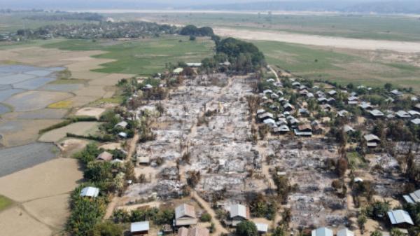 An aerial view of Bin village of the Mingin Township in Sagaing region after villagers say it was set ablaze by the Myanmar military, in Myanmar February 3, 2022. Picture taken February 3, 2022. Picture taken with a drone. REUTERS/Stringer/File Photo