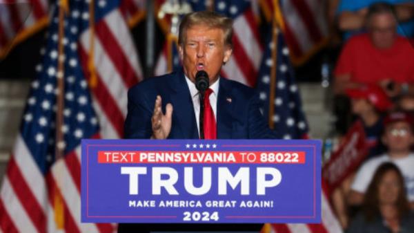 Former USPresident and Republican presidential candidate Do<em></em>nald Trump speaks during a campaign rally in Erie, Pennsylvania, US on 29 July 2023. File Photo: Reuters/Lindsay DeDario