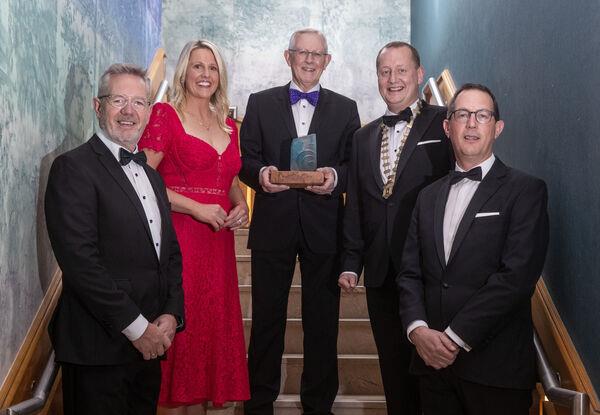 Pat McGrath with the Outstanding Co<em></em>ntribution to Business award at the Cork Chamber annual dinner, with John Higgins, managing partner, EY Cork, host Jacqui Hurley, Ro<em></em>nan Murray, president of Cork Chamber, and Co<em></em>nor Healy CEO.