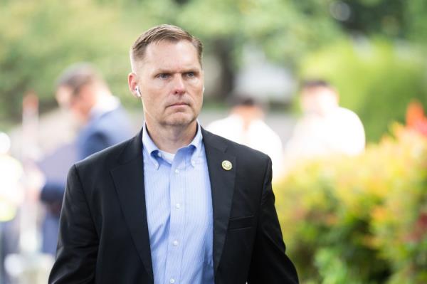 Rep. Michael Guest, R-Miss., arrives for the House Republicans' caucus meeting at the Capitol Hill Club in Washington on Tuesday, May 23, 2023.