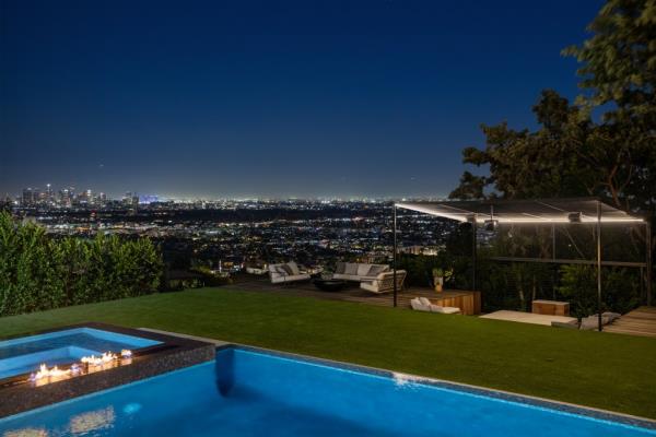 Exterior of the pool and LA's skyline. 