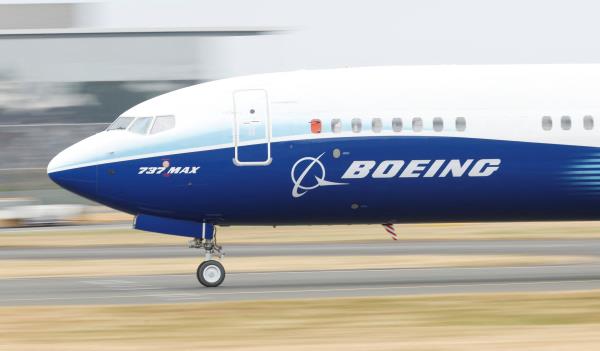 A Boeing 737 Max aircraft during a display at the Farnborough Internatio<em></em>nal Airshow, in Farnborough