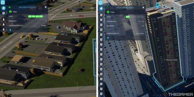 cities skylines 2 comparing two residental buildings info menu