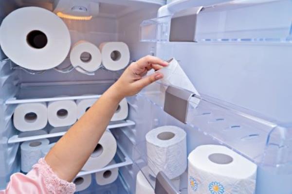 Female hand takes roll of toilet paper from refrigerator door. Panic buying toilet paper in all countries during spread of COVID-19 coro<em></em>navirus and quarantine. Covidiot concept